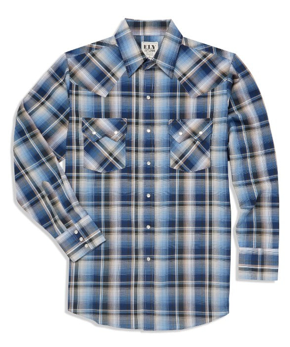Men's Ely Cattleman Long Sleeve Ombre Plaid Western Snap Shirt- Blue 152029232