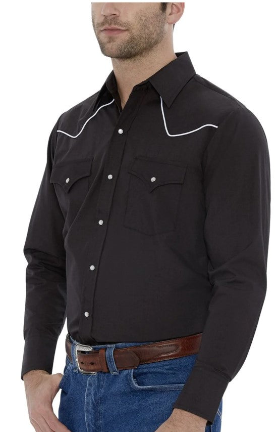 Men's Ely Cattleman Long Sleeve Western Snap Shirt with Contrast Piping 15202980-BLACK W/WHITE PIPE-S