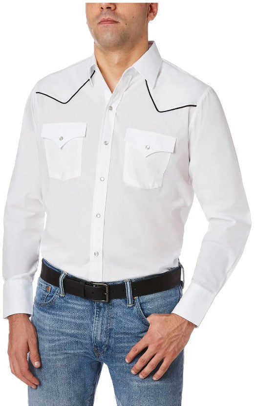 Men's Ely Cattleman Long Sleeve Western Snap Shirt with Contrast Piping 15202980-White W/Black PIPE-S