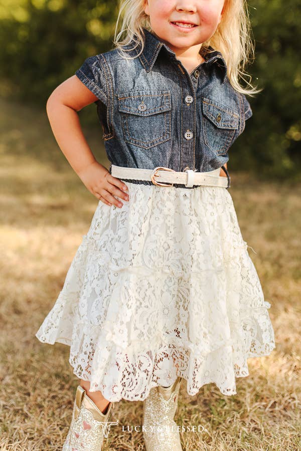 Lucky & Blessed DR715-G-DMLC Girls Denim & Lace Tiered Dress