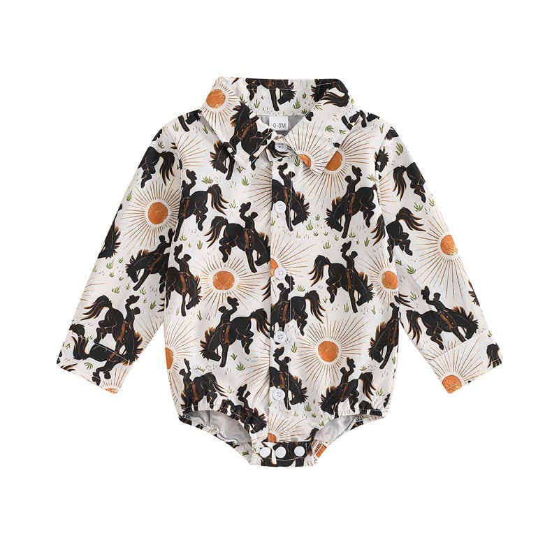 Lapel Long Sleeve Baby One-Piece Shirt/Romper Sunset Horses