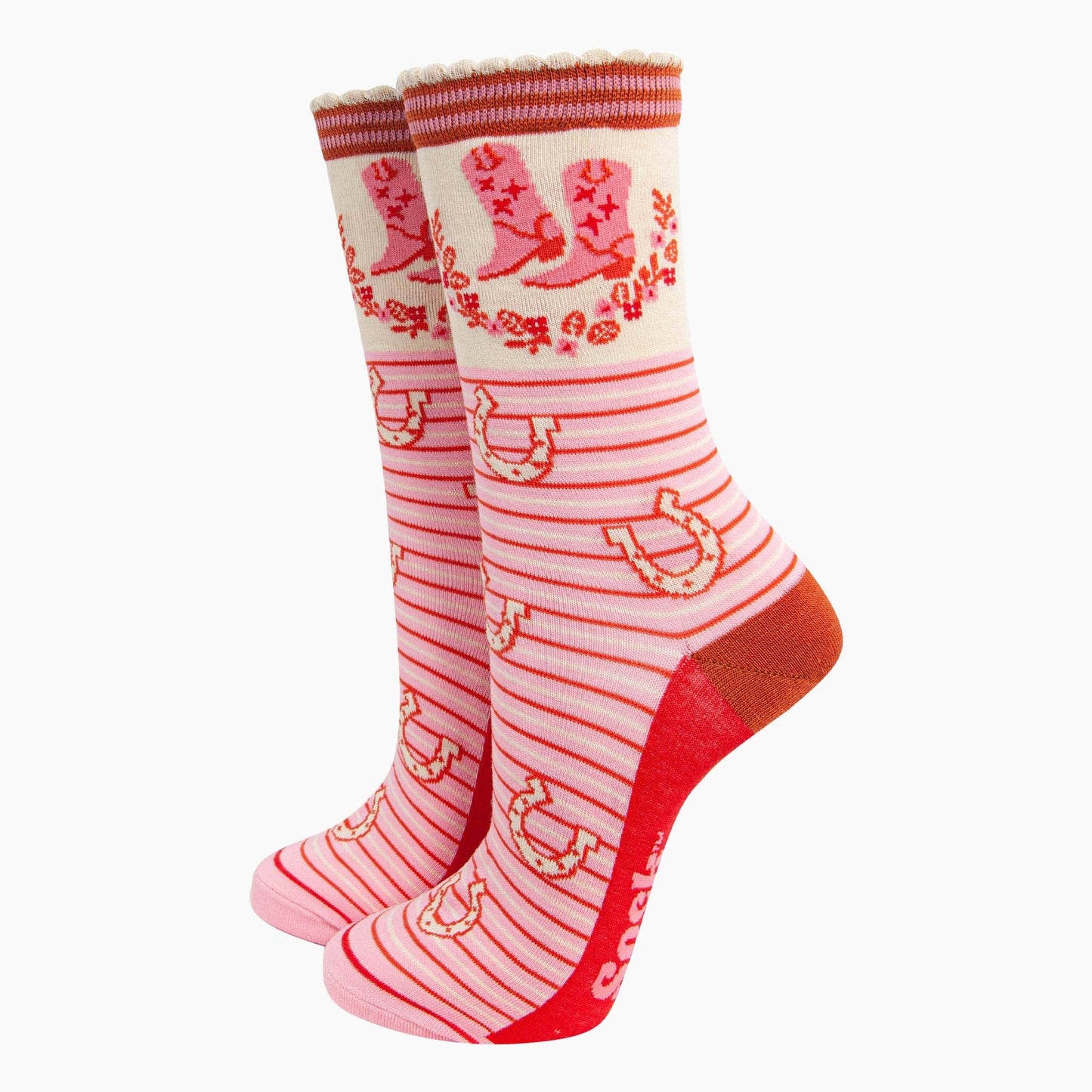 Sock Talk Cowboy Boot Stripe Bamboo Socks in Pink