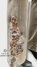 Load image into Gallery viewer, Grace Jeans Floral Embroidery Camel Colour Mid-Rise Flare Jeans ELS772
