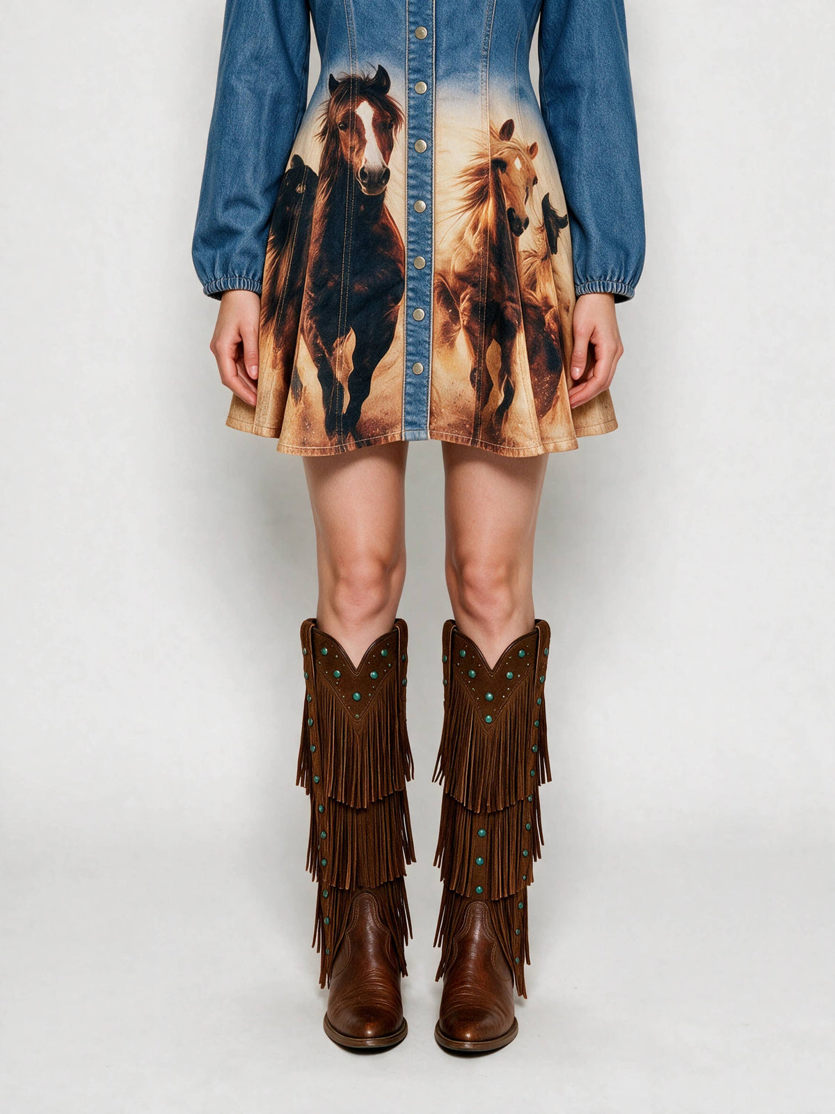 Blue B 60040D Western Horse Print Denim Dress