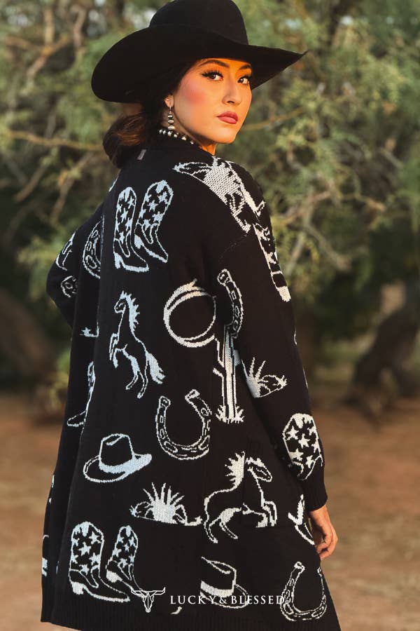 Lucky & Blessed JO564-WST Black Ivory Western Knit Front Pocket Sweater Cardigan
