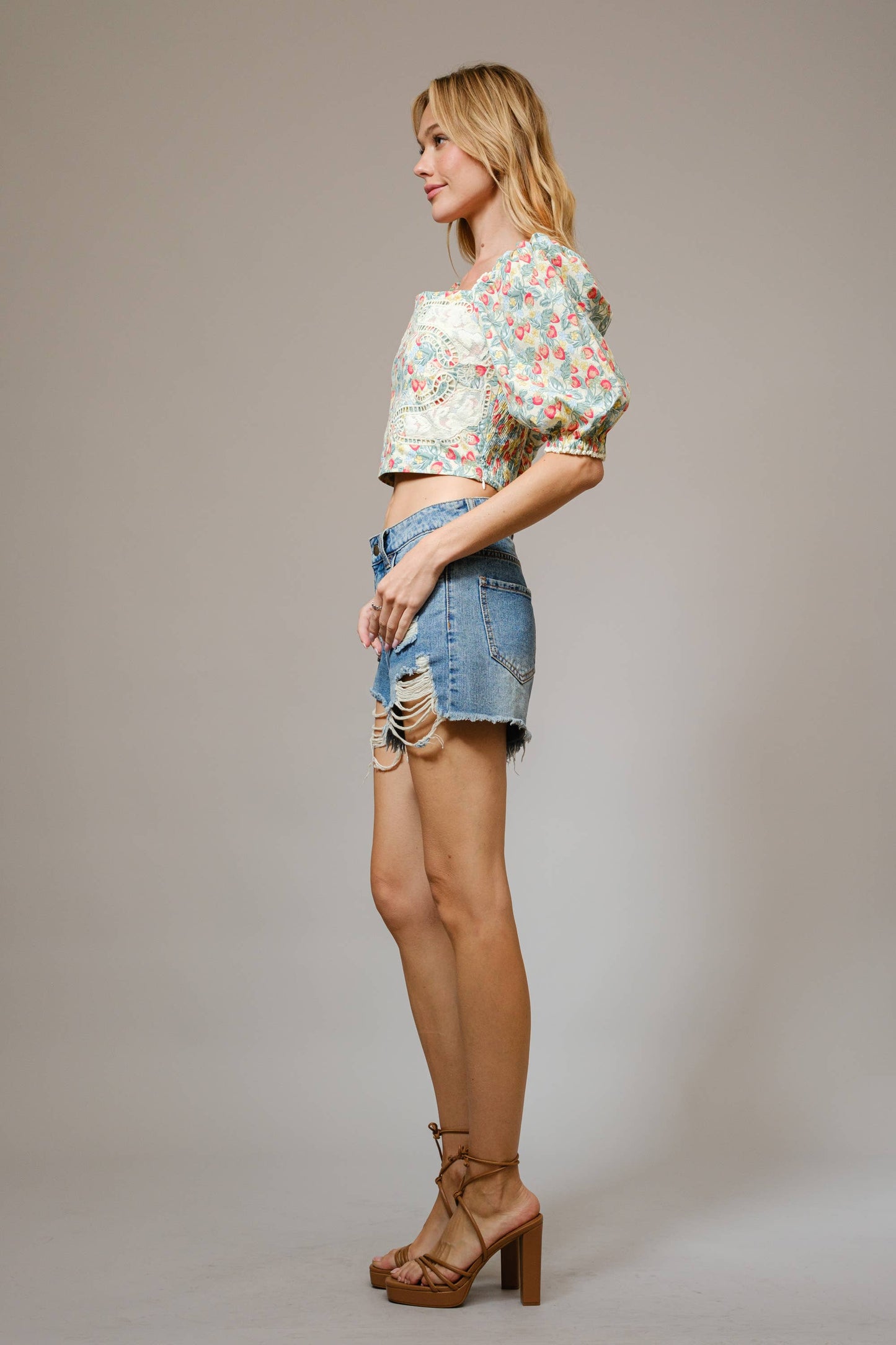 Blue B 99200T - Floral Lace Embroidered Puff Sleeve Top in Red/Green