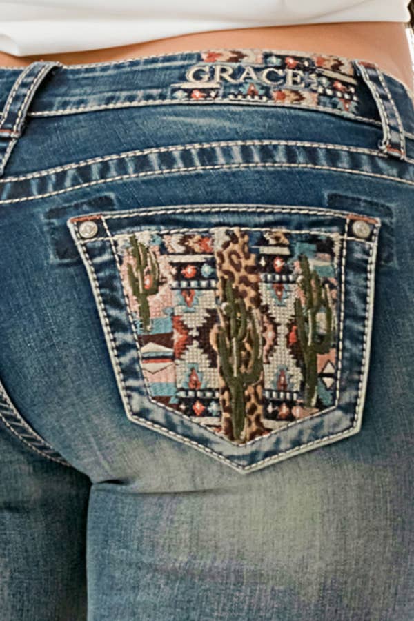 Grace In LA Cactus Quilt Embroidery Mid-Rise Bootcut EB-61828