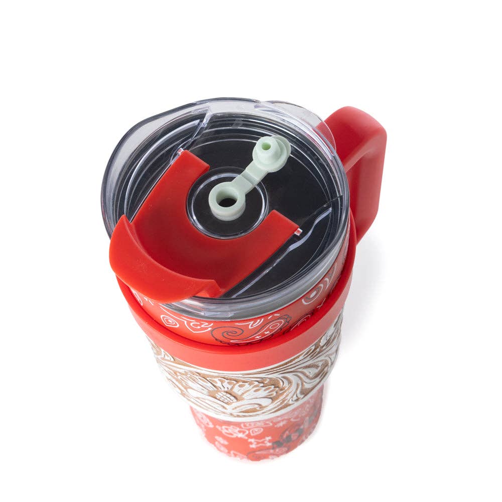 Myra Bandana Tooled Western Tumbler in Red Stainless Steel with Handtooled Leather and Handle for Use: WITH TOOLING