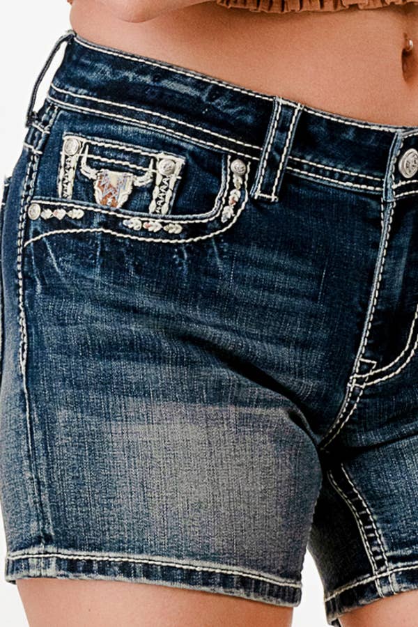 Grace in LA Steer Head Embroidery  Mid Rise Shorts 5" EH-S820