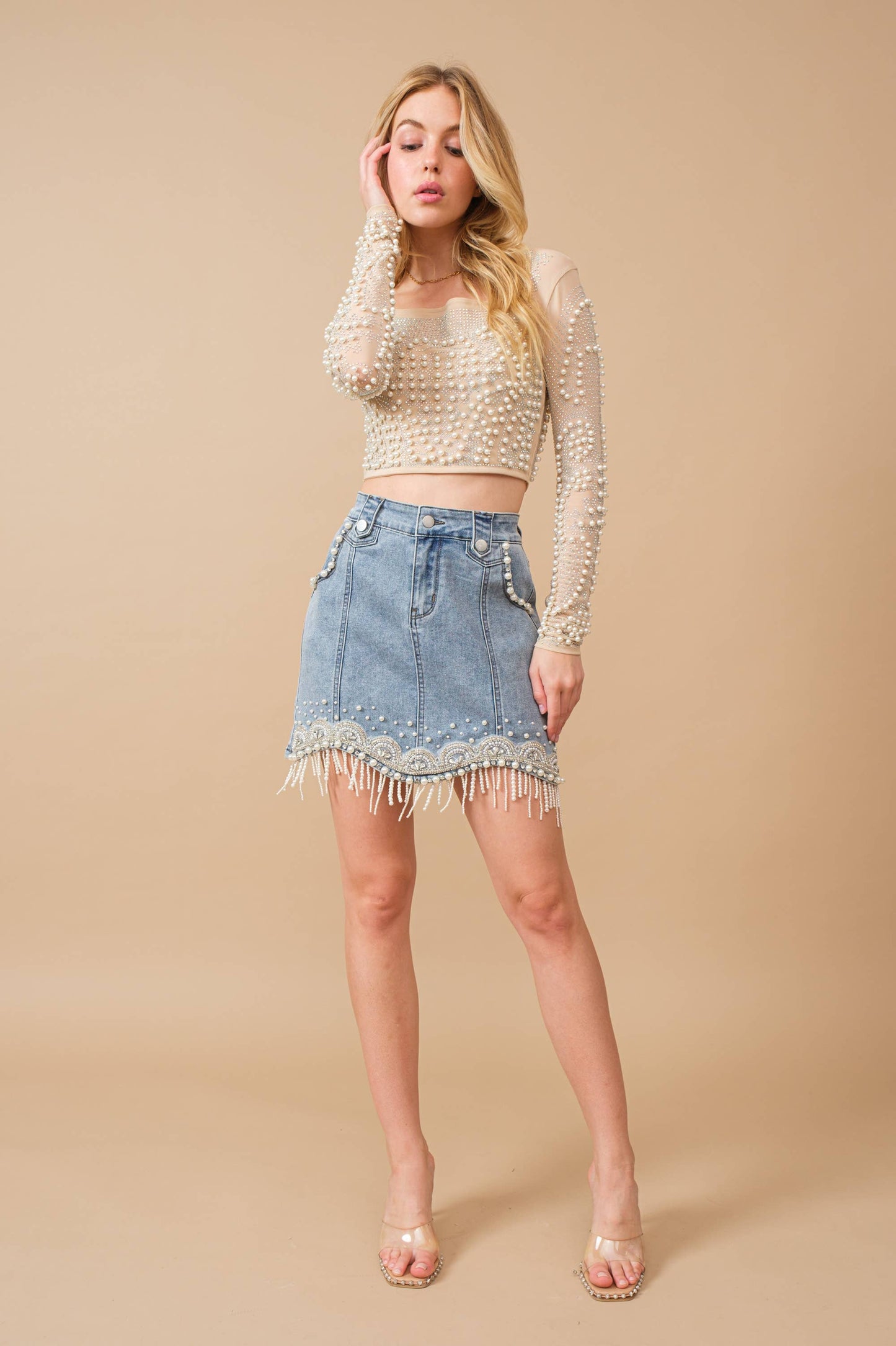 Blue B 80038S - Stretch Denim Embellished Pearl Fringe Mini Skirt medium wash