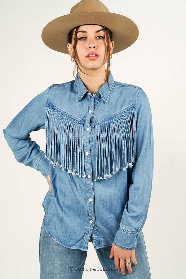 Plus Size Mid Wash Denim Western Shirt W Fringe Yoke TO459-MW-X