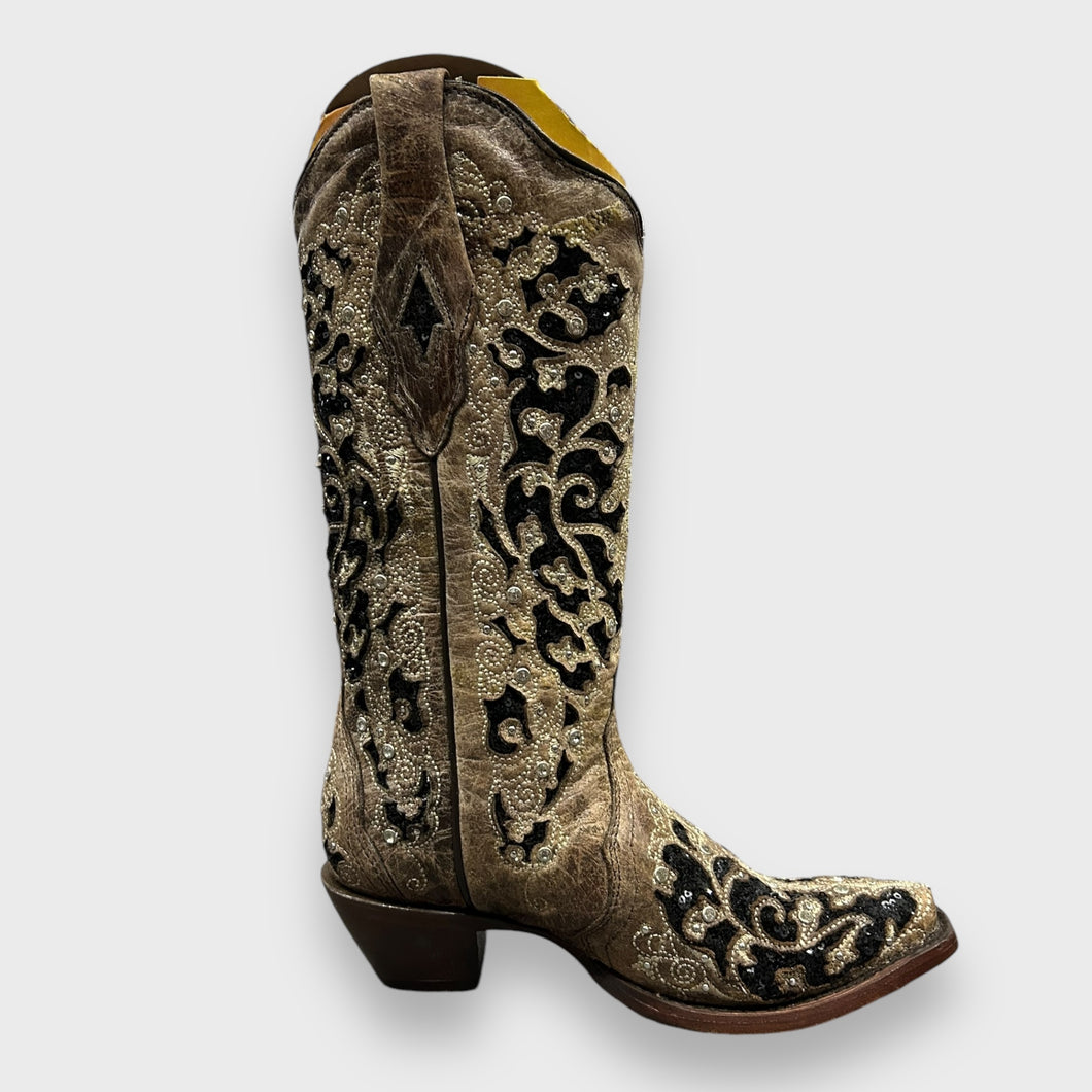 Corral A3569 Black Glitter Inlay Floral Overlay with Crystals and Studs Snip Toe Cowboy Boots