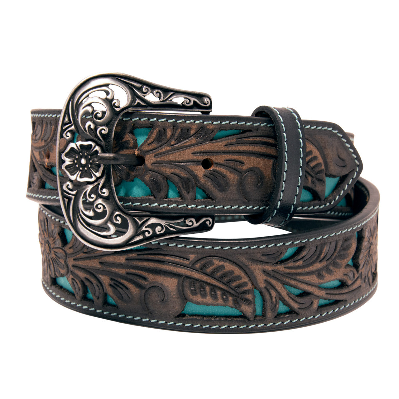 Western Express XM4400-BK08S  in Black/Brown Floral Tooled Cutout Top Grain Leather Belt
