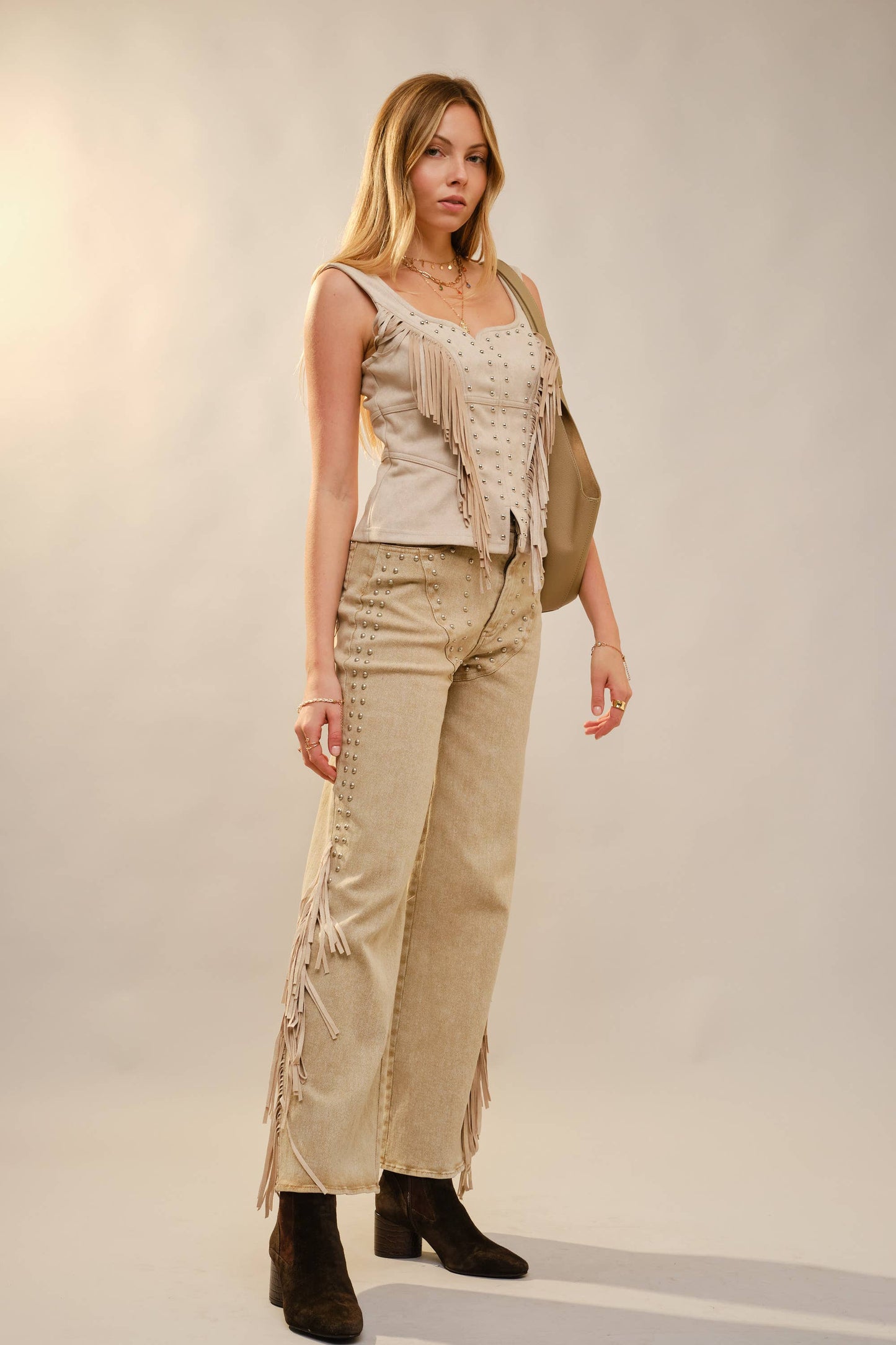 Blue 37184T - Fringe Stud Faux Suede Tank in Sand