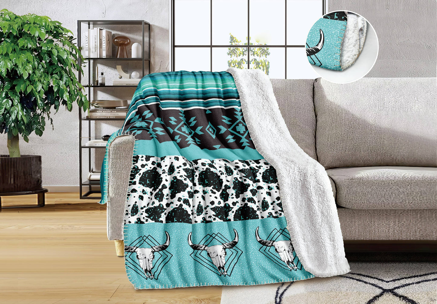 Western Linens Turquoise Longhorn queen Sherpa blanket 