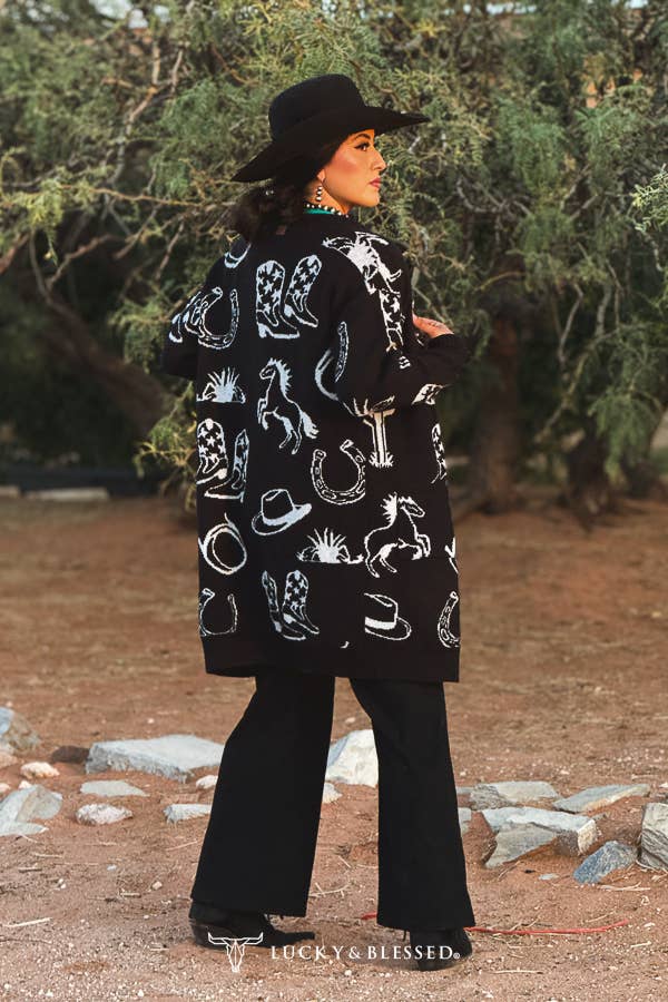 Lucky & Blessed JO564-WST Black Ivory Western Knit Front Pocket Sweater Cardigan