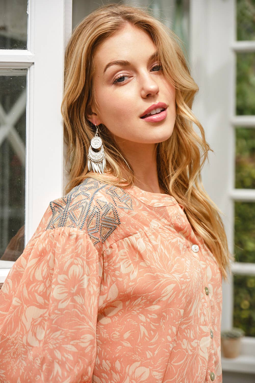 32903T - Chiffon Floral Embroidered Shoulder Blouse in Blue