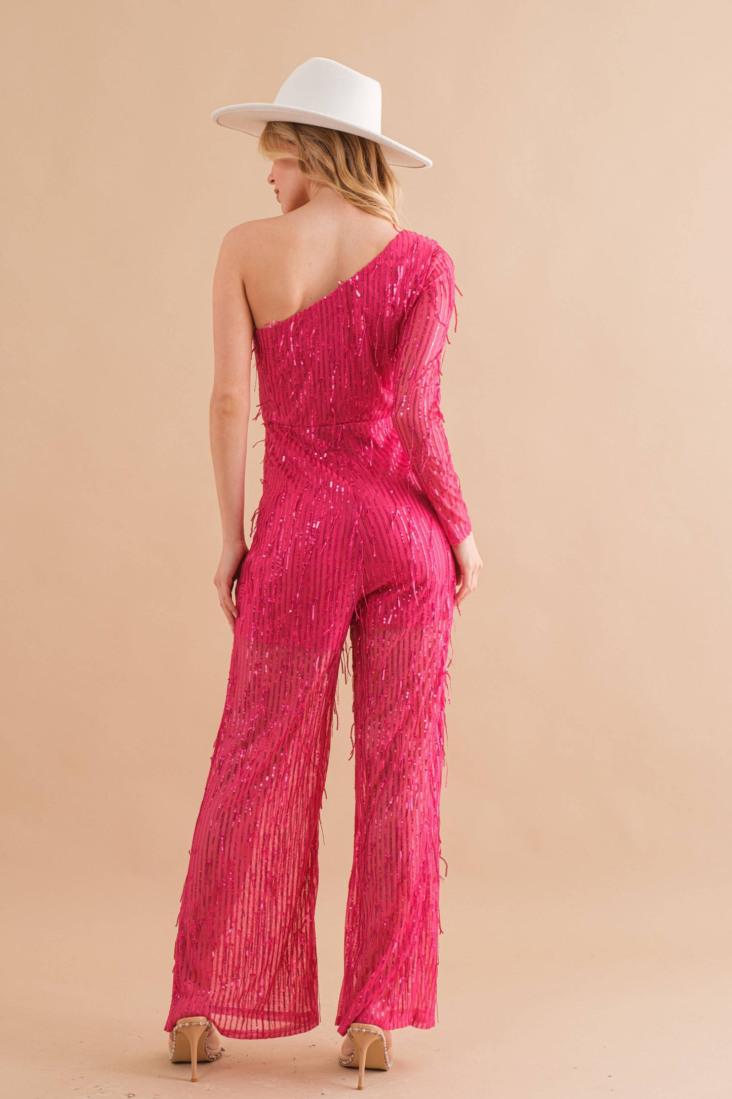 34015R - Sequin Fringe Embellish One Shoulder Jumpsuit in Hot Pink
