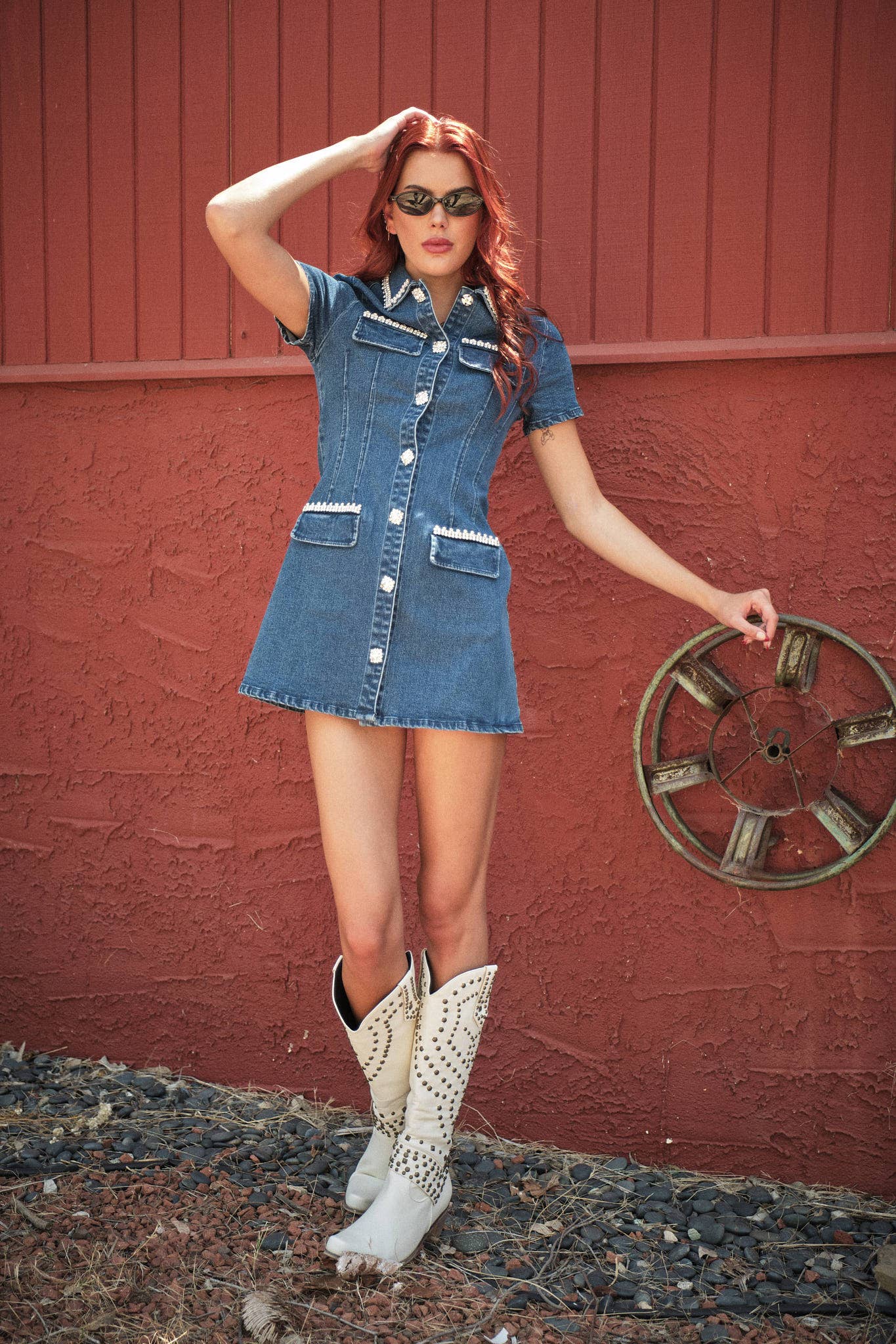 23678D - Rhinestone Denim Mini Dress in Dark Wash