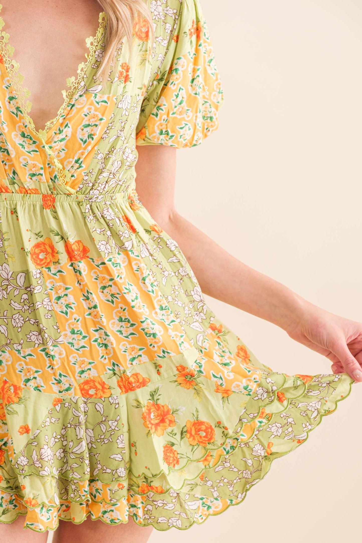 Blue B 32880D - Tiered Scallop Hem Mini Dress in Yellow/Green