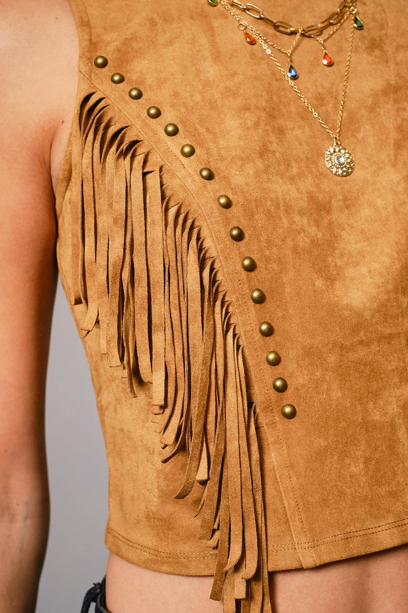 37131T - Faux Suede Fringe Crop Top in Camel