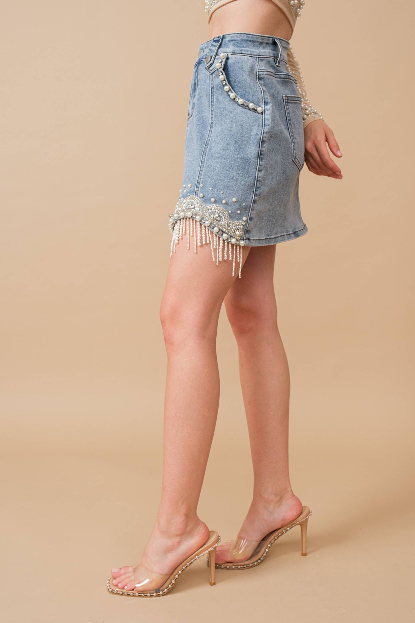 Blue B 80038S - Stretch Denim Embellished Pearl Fringe Mini Skirt medium wash