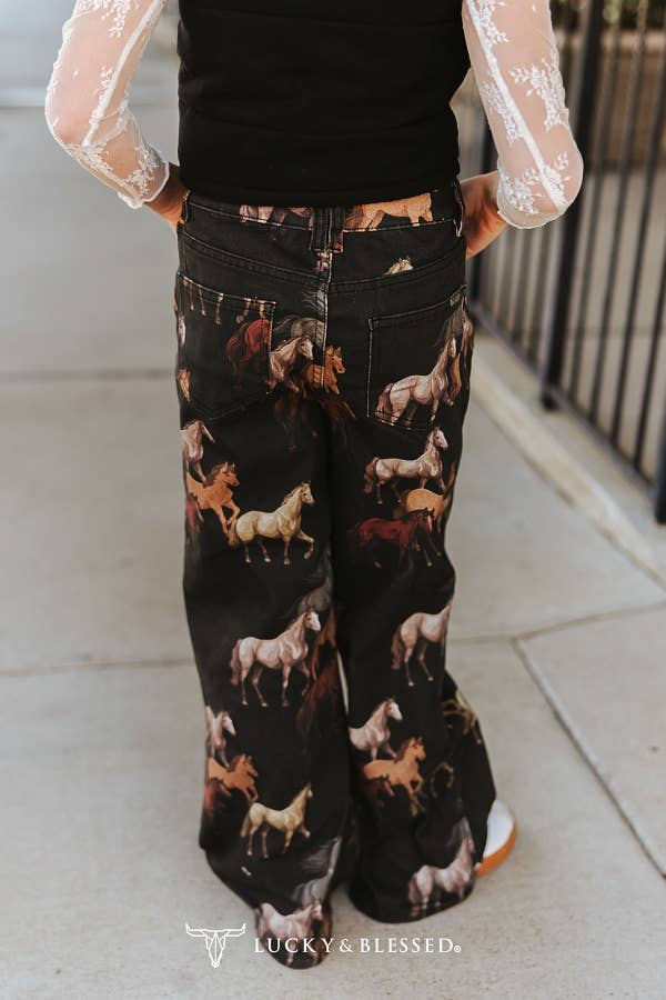 Lucky & Blessed JE564-G-HRS Girls Running Horse High Rise Stretch Denim Wide Leg Jeans