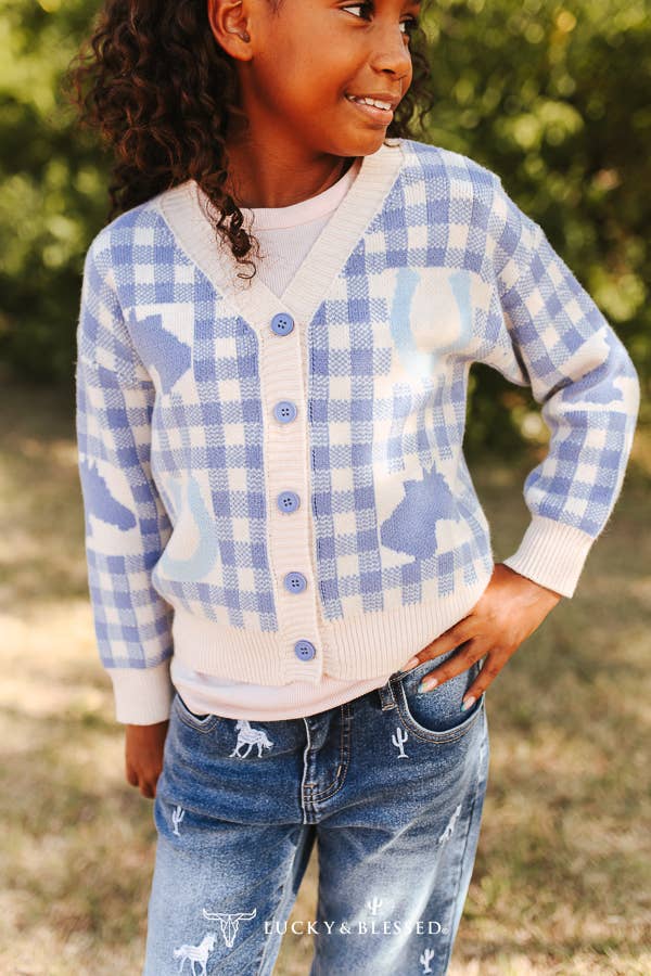 Lucky & Blessed JO567 Girls Blue Plaid Button Up Western Sweater