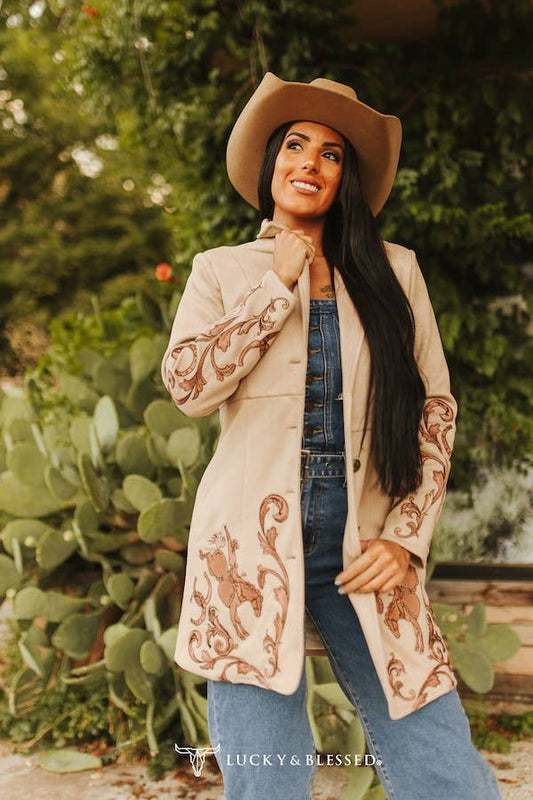 Khaki Western Cowgirl Boot Stitch Long Suede Blazer JO322