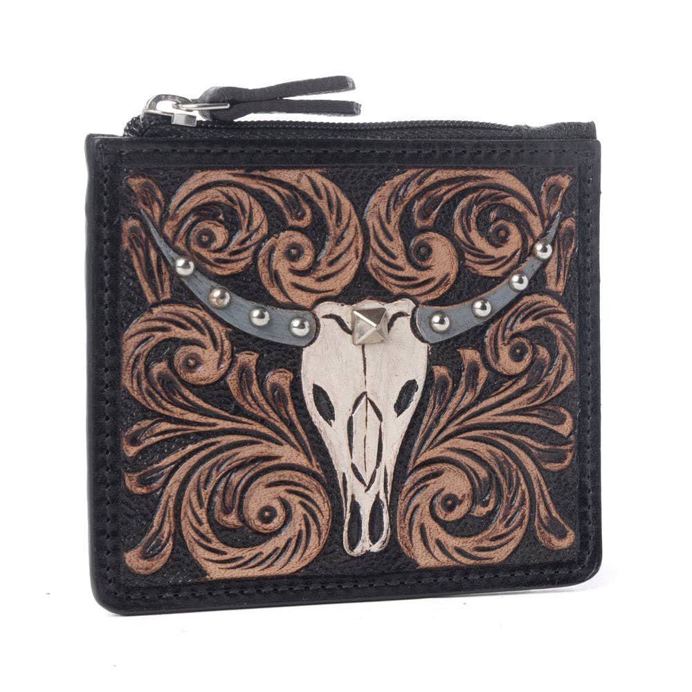 Myra Briar Creek Handtooled Leather Credit Card Holder in Ebony Carame
