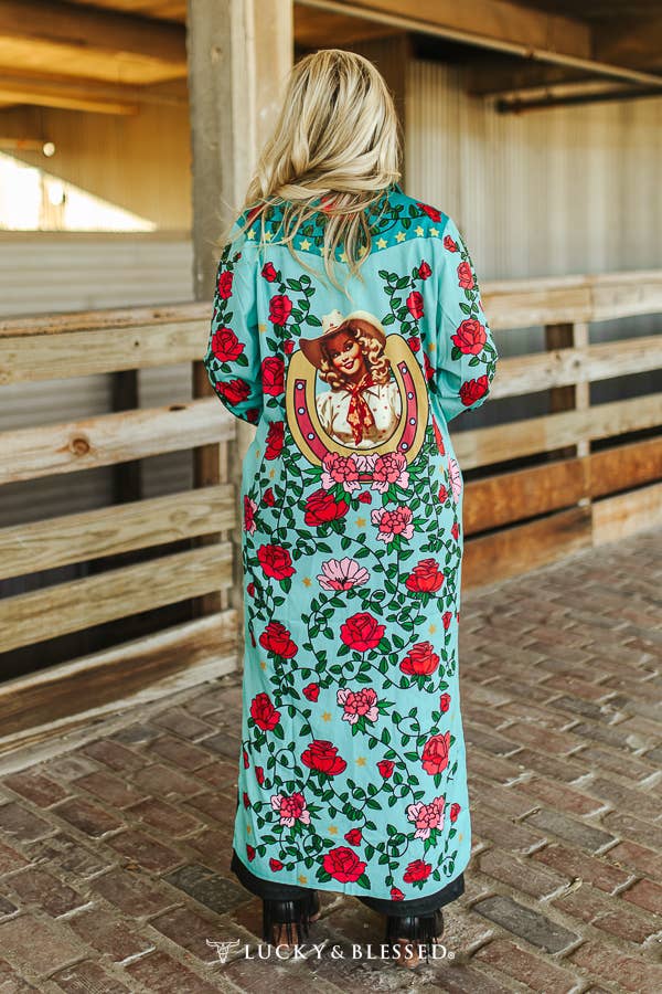 Turquoise Rose Cowgirl Maxi Shirt Dress DR449-TUFL