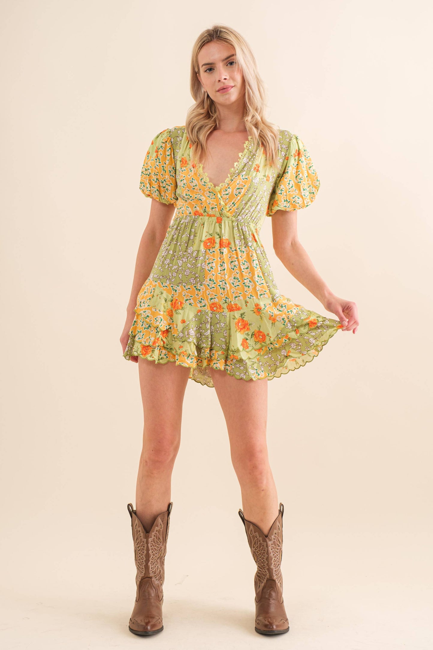 Blue B 32880D - Tiered Scallop Hem Mini Dress in Yellow/Green