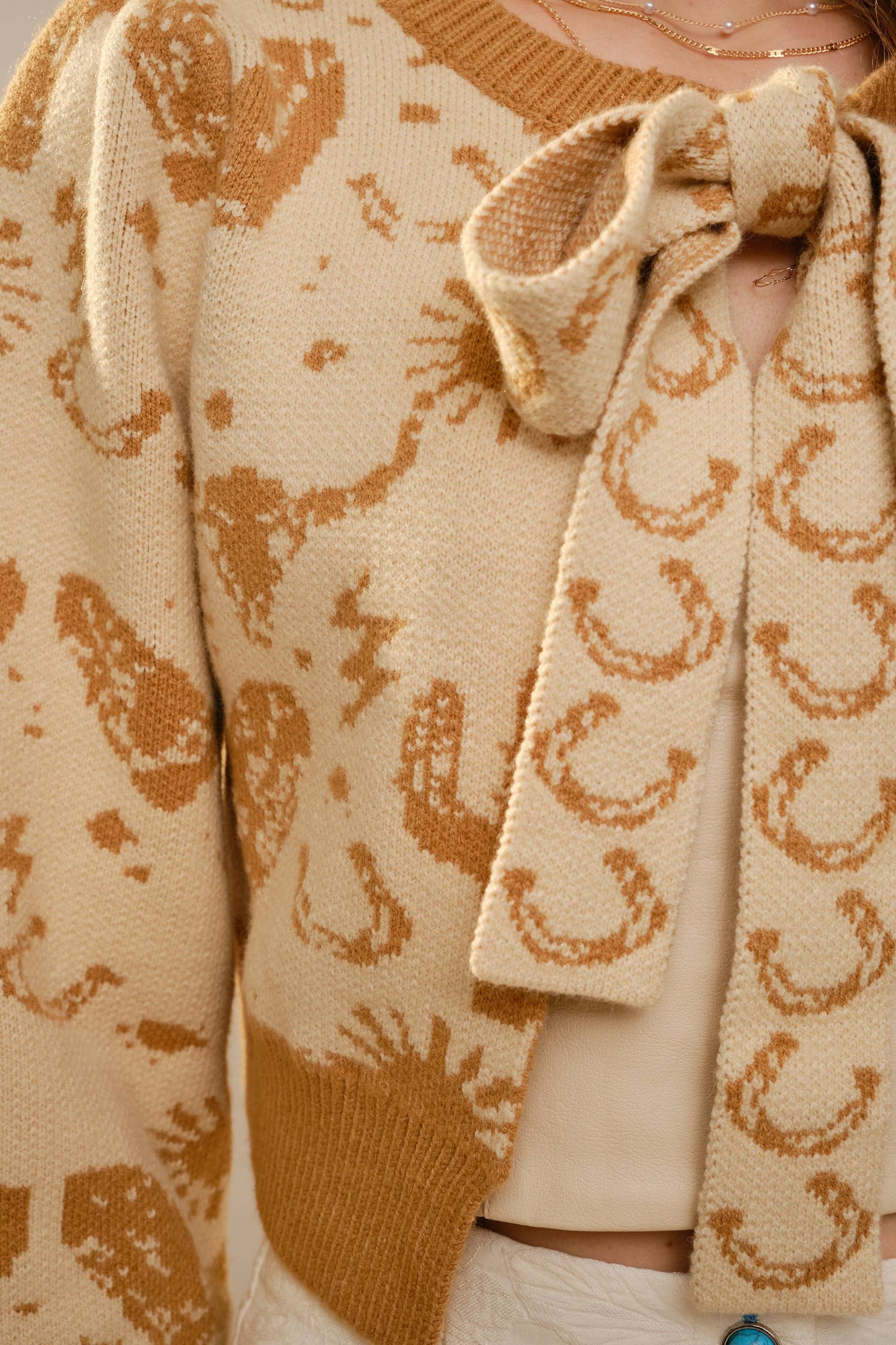 Blue B 37767W - Western Motif Tie Front Cardigan: TAUPE