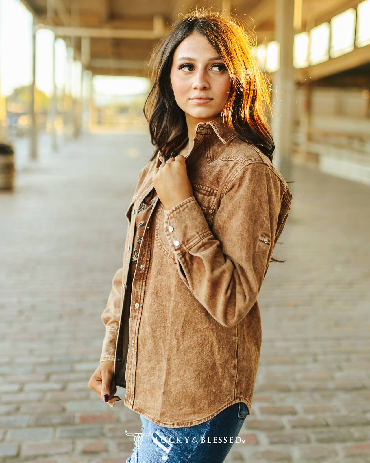 Lucky & Blessed Plus Size Camel Mineral Wash Denim Pearl Snap Shirt TO643