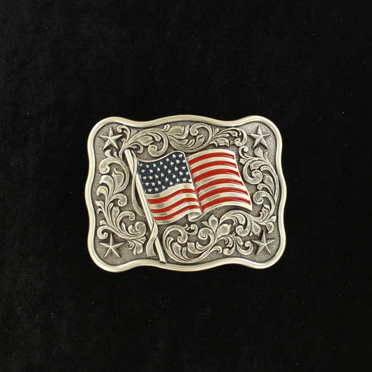 M&F Nocona Rectangle Smooth Edge Buckle With Scroll and USA Flag 37706