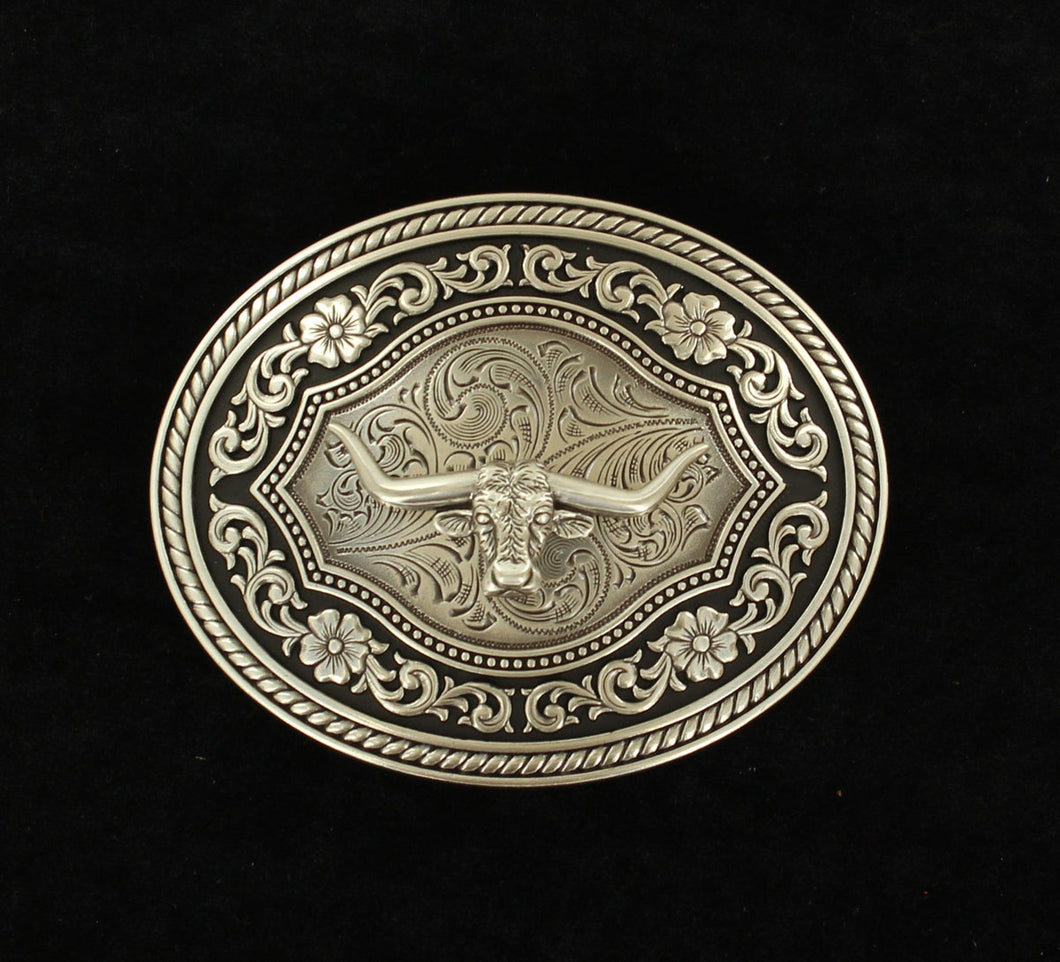 M&F Nocona Oval Rope Edge Scroll Buckle With Longhorn Motif 37708