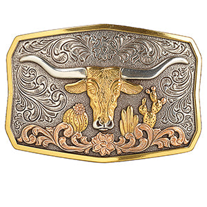 M&F Nocona Rectangle Long Horn Cactus Antique Silver and Antique Gold 37910