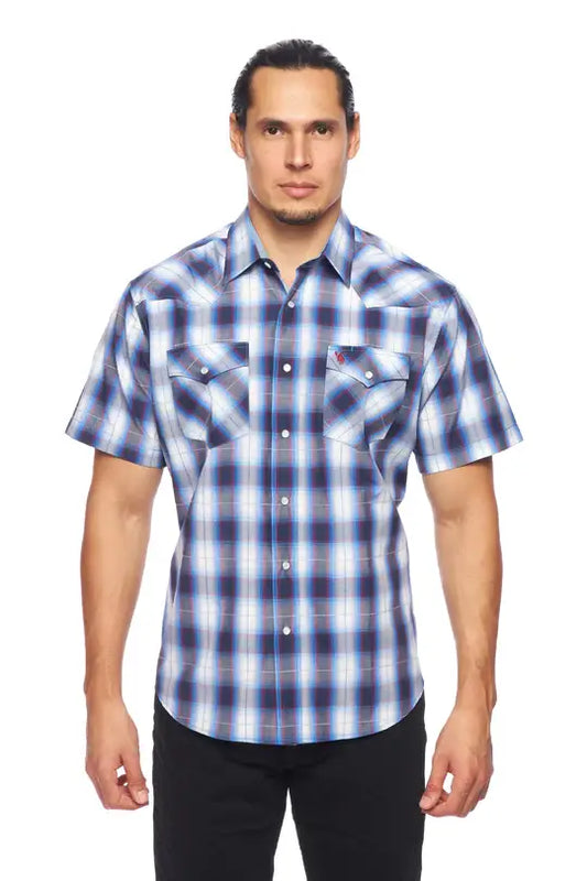 RODEO CLOTHING MEN'S PLAID SHORT SLEEVE SNAP PS400S-470 Blue
