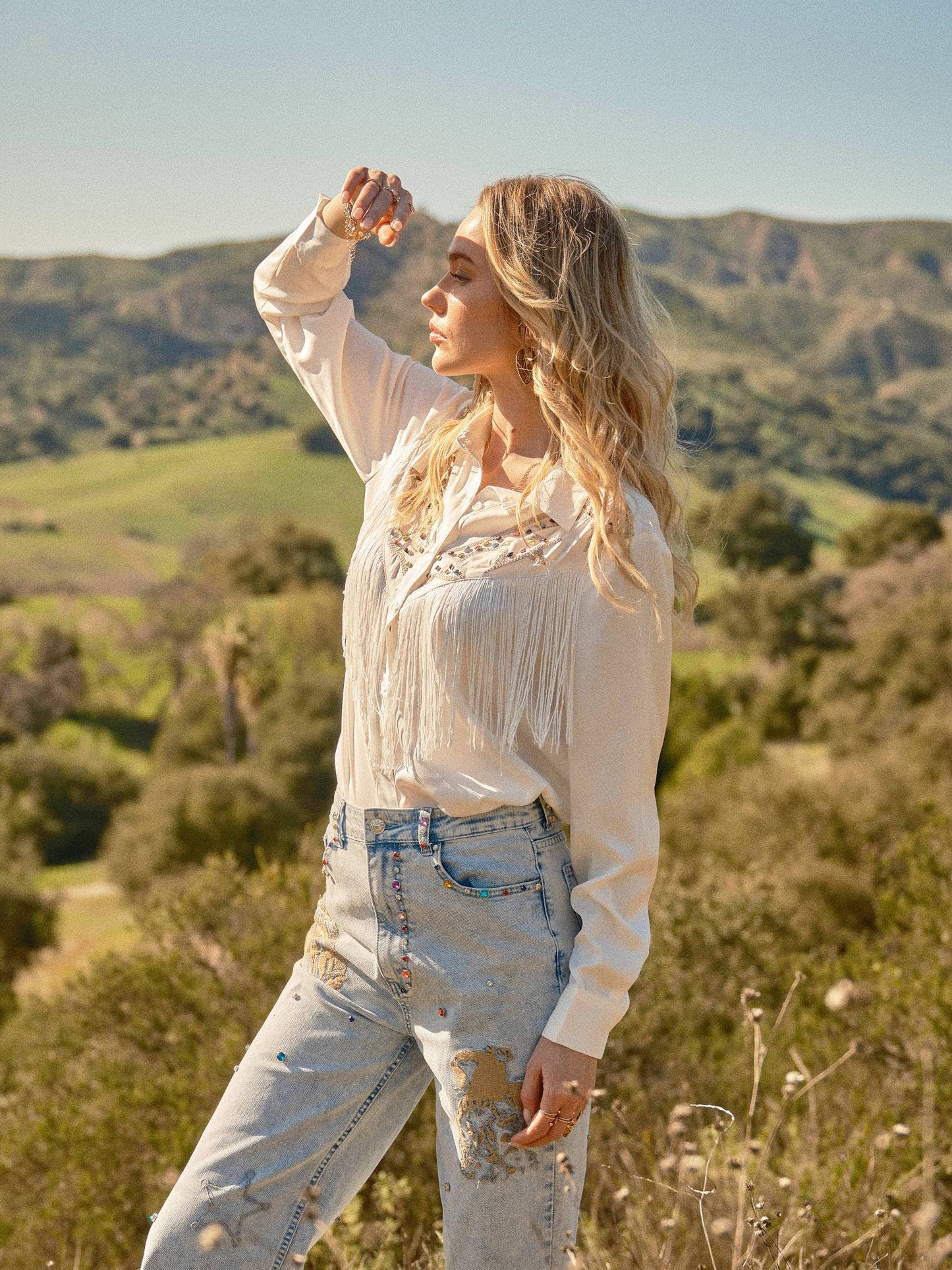 37025T - Satin Yoke Fringe Embroidered Shirt in off white