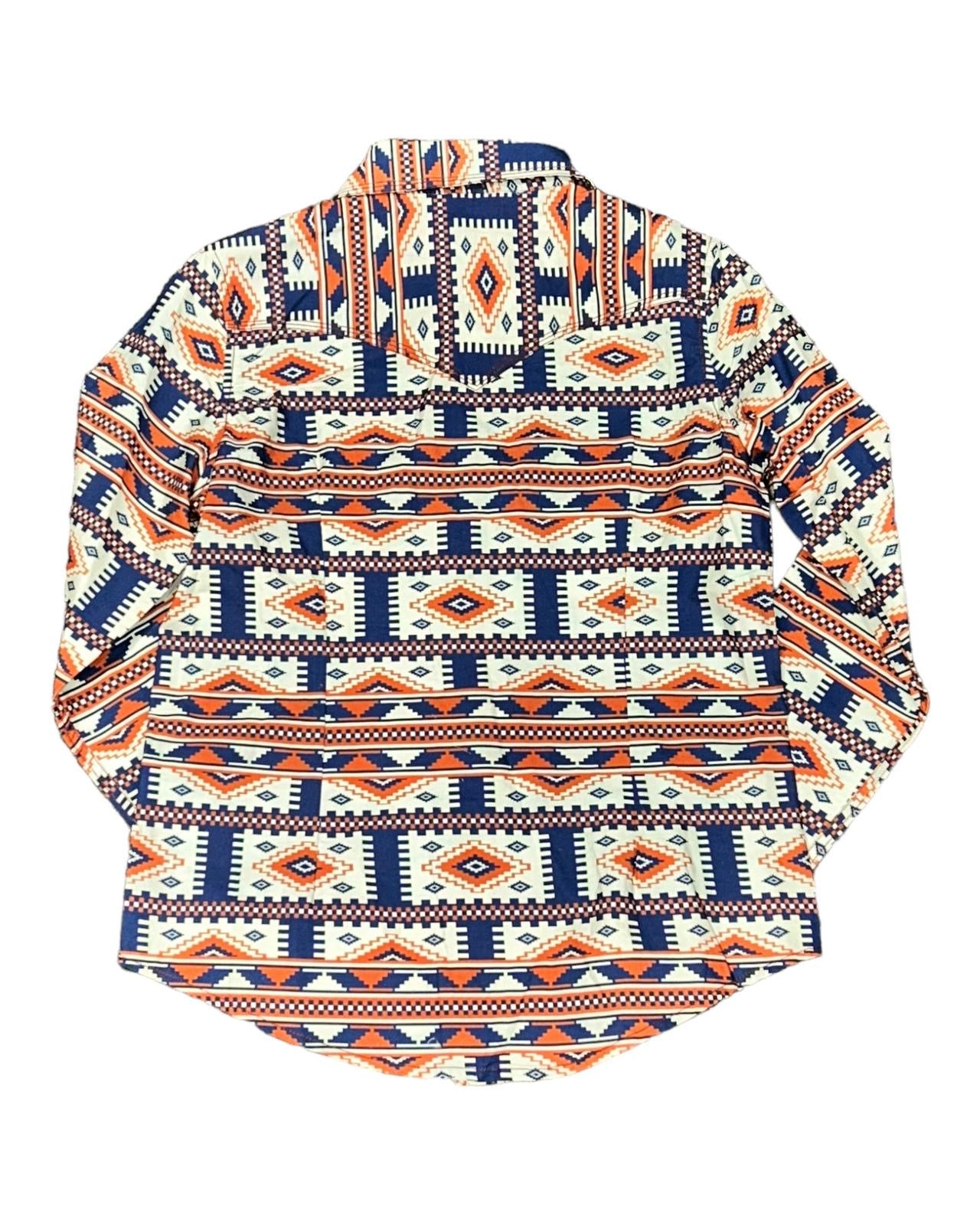 MontanaCo Ladies All Over Aztec Pattern in Orange & Navy Western Blouse L-1110