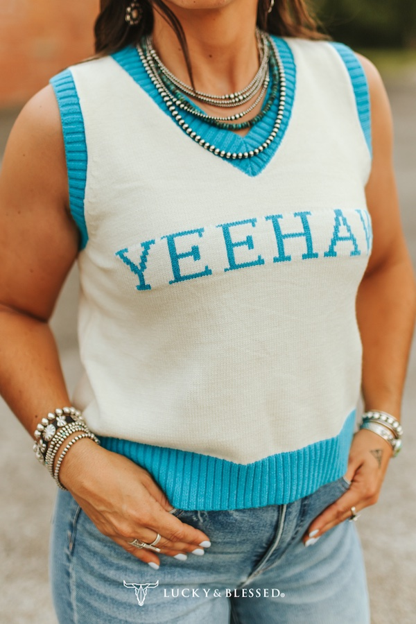 Ivory Teal Yeehaw Knit Sleeveless Sweater JO396