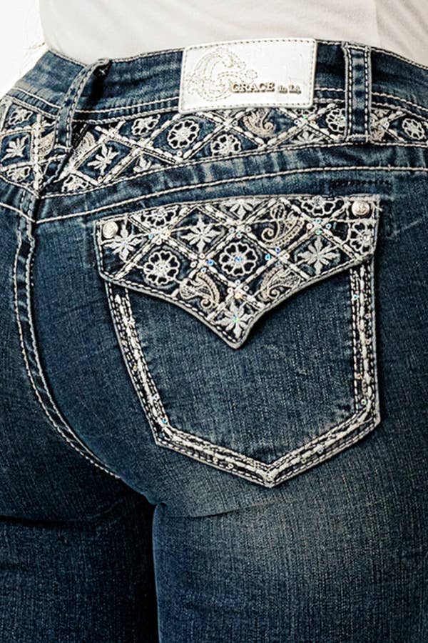 Grace In LA Floral Embroidery /York Mid-Rise Boot cut 32" EB-61713