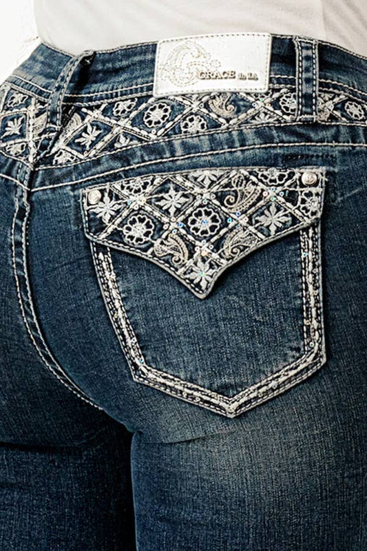 Grace In LA Floral Embroidery /York Mid-Rise Boot cut 32" EB-61713