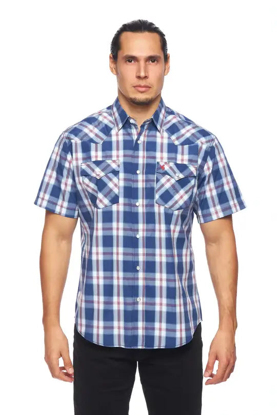 RODEO CLOTHING MEN'S PLAID SHORT SLEEVE SNAP PS400S-470 Blue