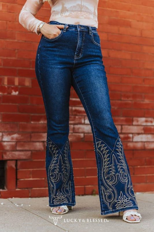 Lucky & Blessed Dark Wash High Rise Boot Stitch Bootcut Jeans JE455-DW