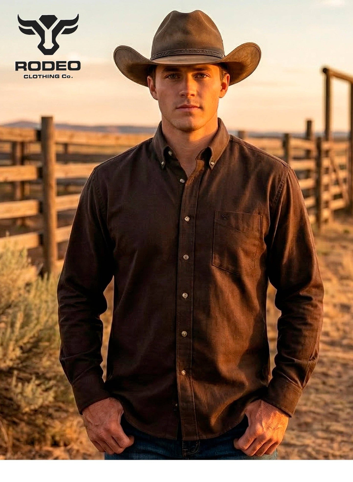 Rodeo Clothing AC110L-Brown Men’s Solid Western 100% Cotton Twill Button Down Shirt