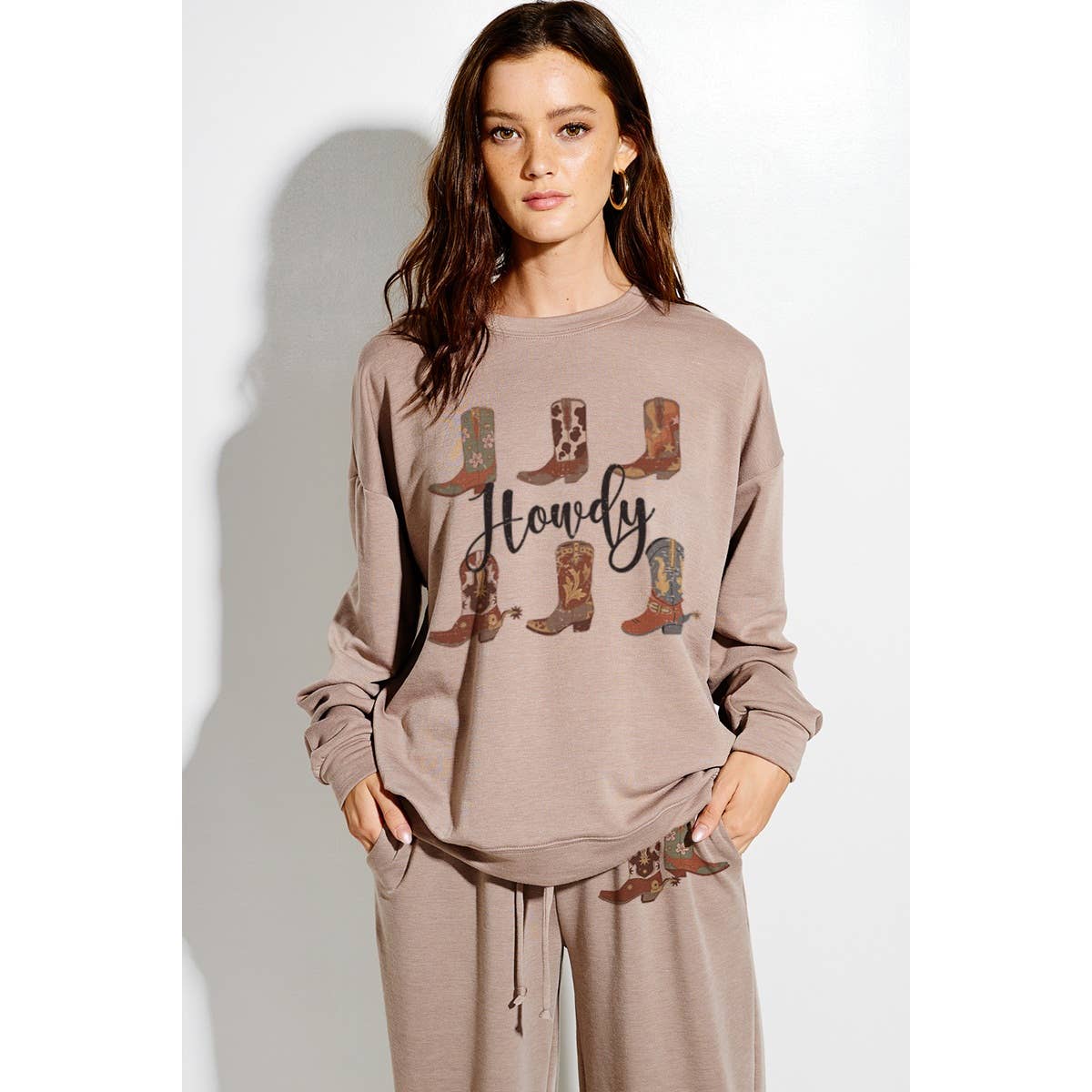 Howdy boots print soft sweatshirt set in Mocha TB915G12253