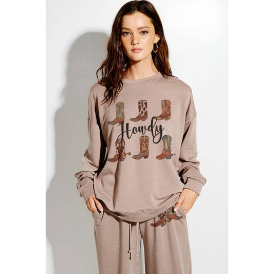 Howdy boots print soft sweatshirt set in Mocha TB915G12253