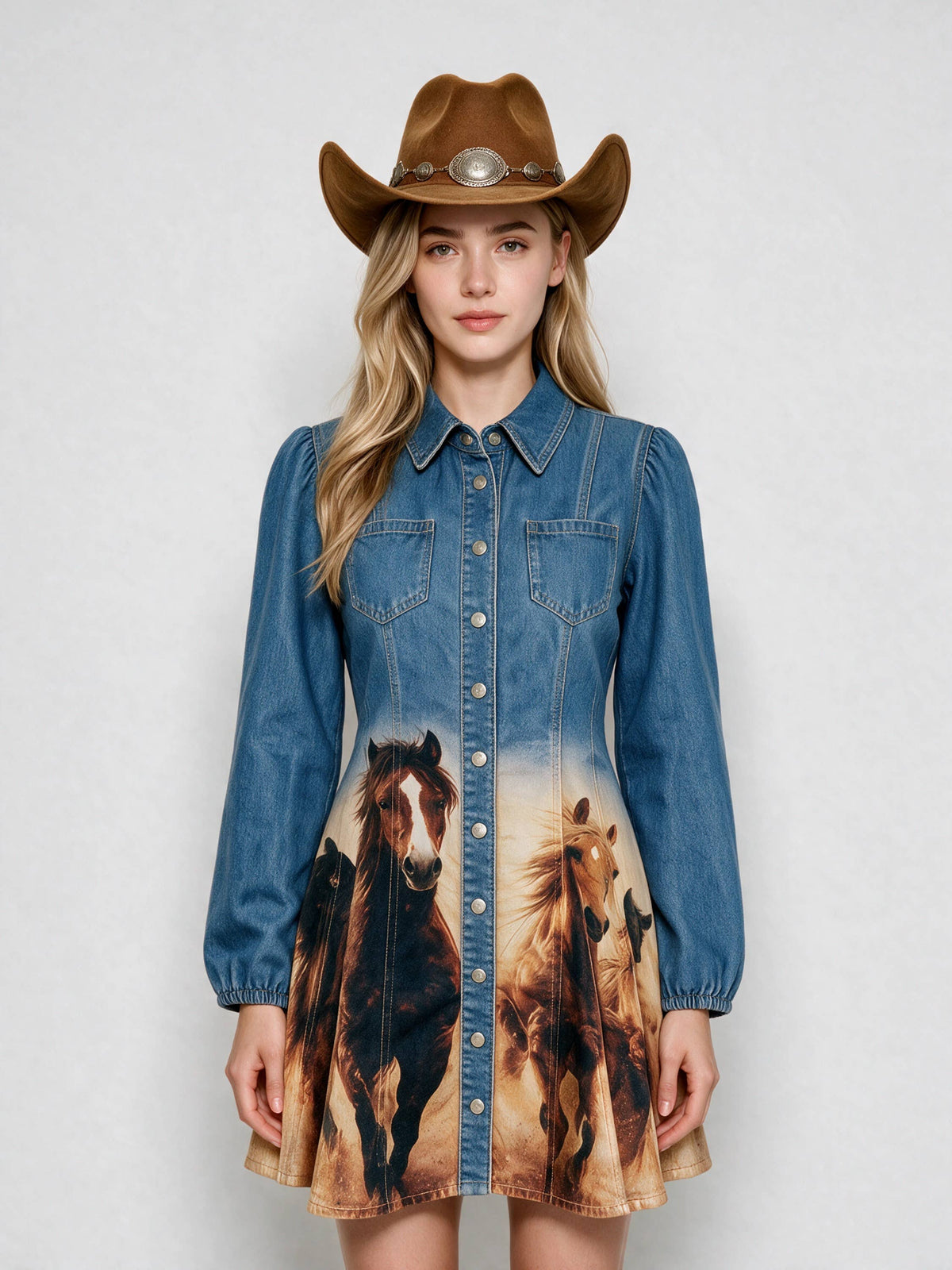 Blue B 60040D Western Horse Print Denim Dress