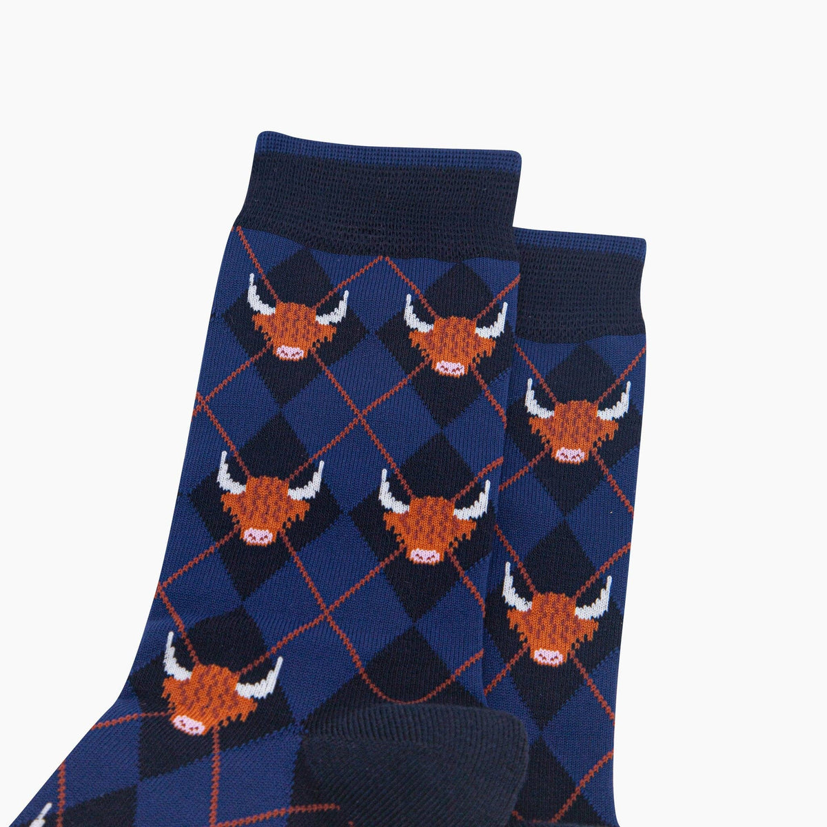 Sock Talk Highland Cow Argyle Men's Bamboo Socks in Navy Blue